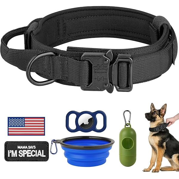 wonima02 Tactical Dog Collar Adjustable Nylon Collar with Control Handle and Heavy Metal Buckle for Medium and Large Dogs, with Patches&Airtags Case&Poop Bag Dispenser&Portable Bowl. (L, Black)