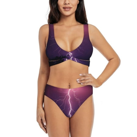 Zeuib Thunderstorm Violet Purple High Waisted Tummy Control Bikini Set - Knot Front Push Up Top & Cheeky Thong Bottom  Two-Piece Swimsuit for Women-Large
