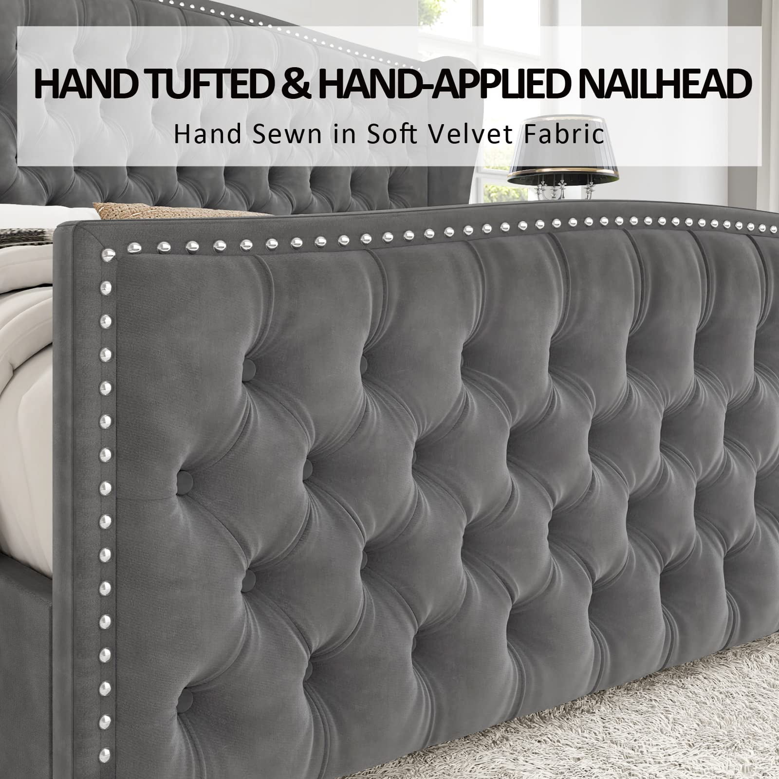 VanAcc California King Size Platform Bed Frame, Velvet Upholstered Bed with Deep Button Tufted & Nailhead Trim Wingback Headboard, Grey