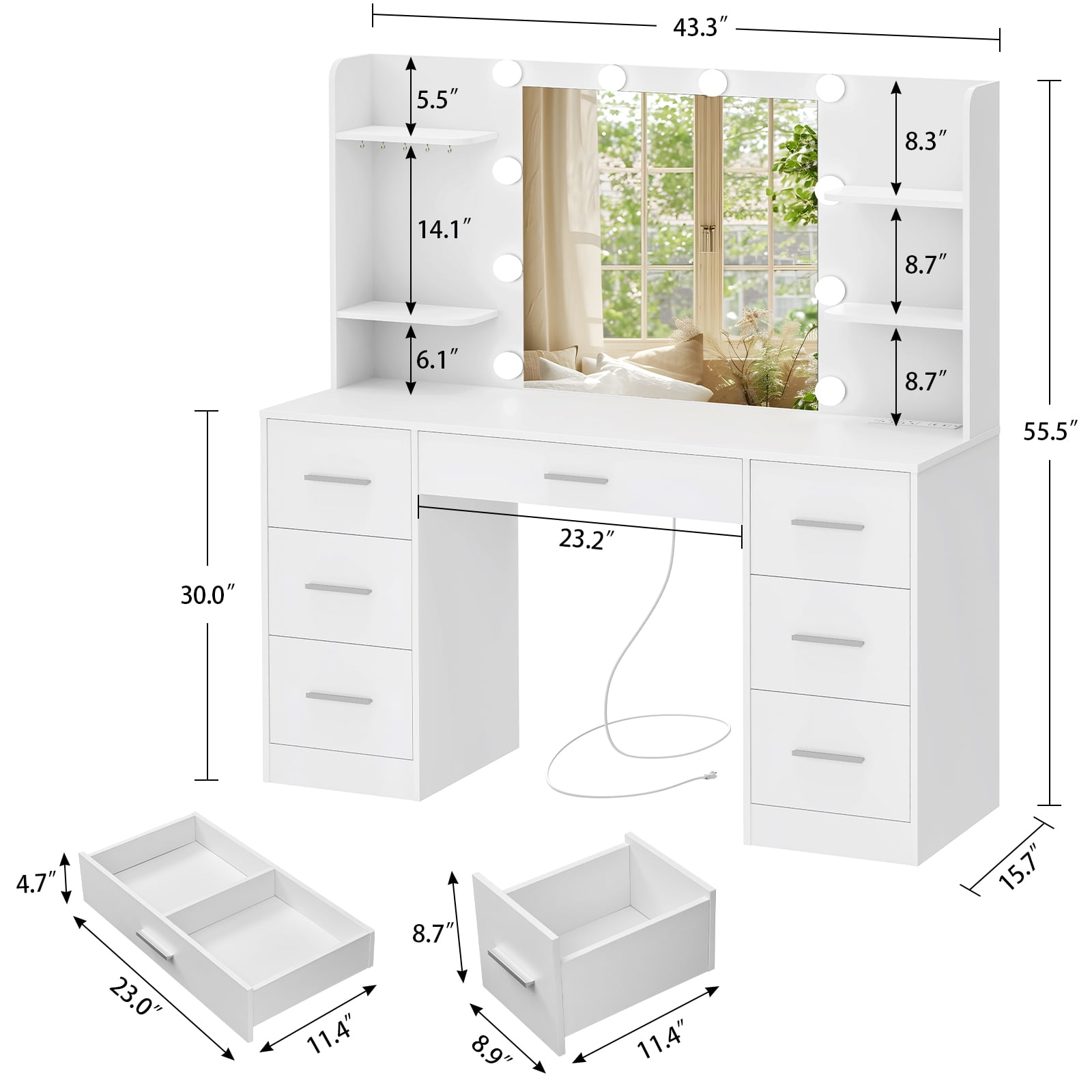 TEENFON Large Makeup Vanity Set with Mirror and Power Outlet, Vanity Desk with 7 Drawers, 4 Shelves and 5 Hooks,Vanity Table for Bedroom, White