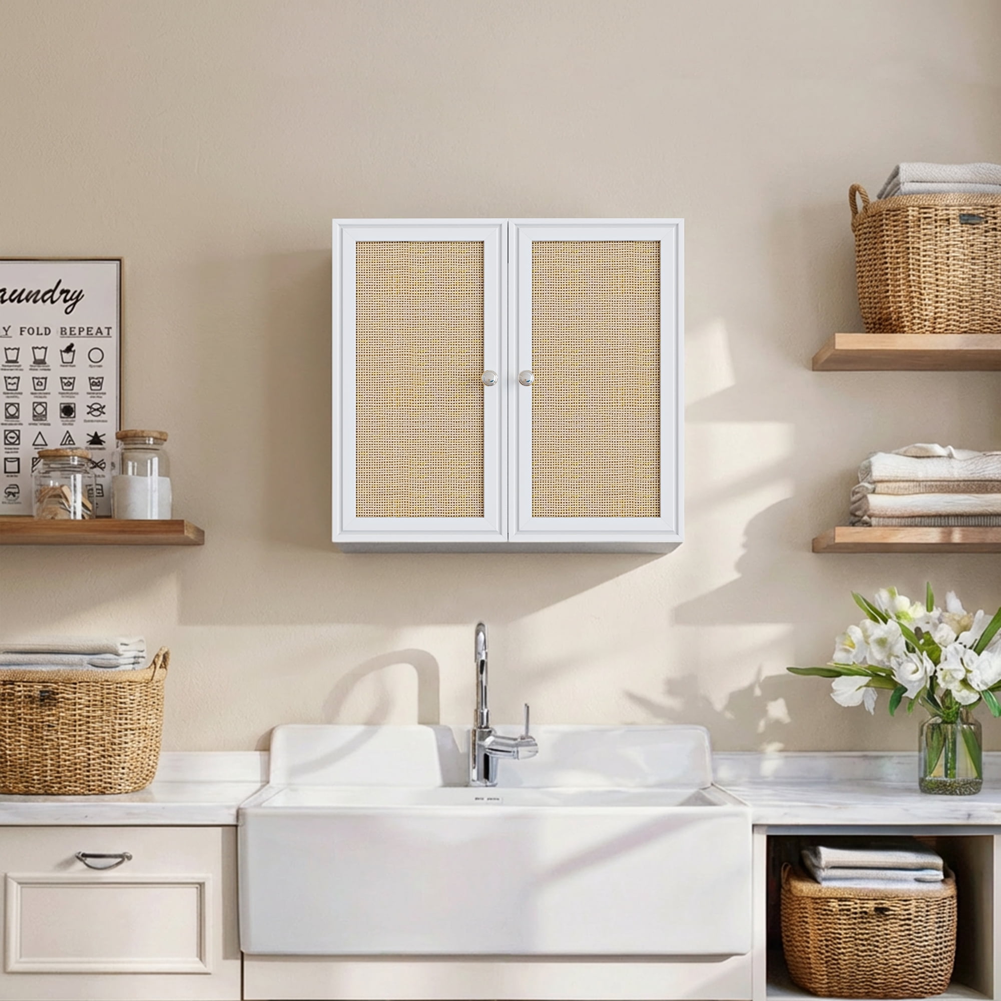 Rattan Laundry Room Cabinets, Bathroom Cabinets Wall Mounted with Adjustable Shelves, Wall Cabinet for Kitchen