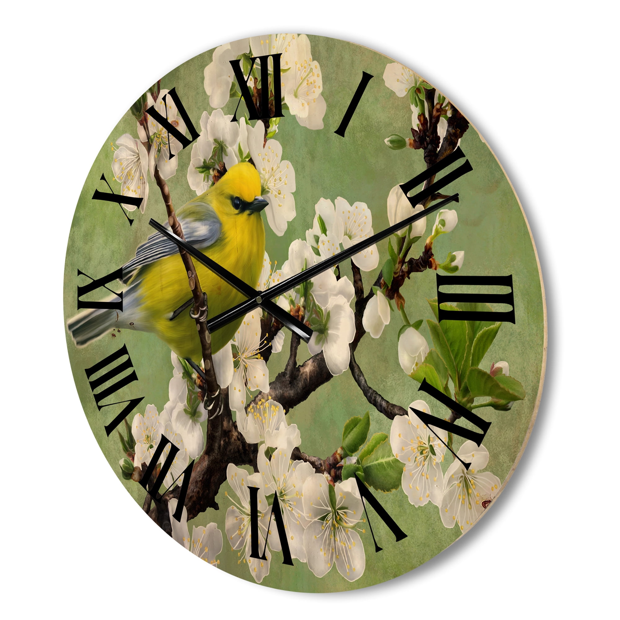 Designart 'Bird Sitting On A Branch of Cherry' Traditional Wood Wall Clock