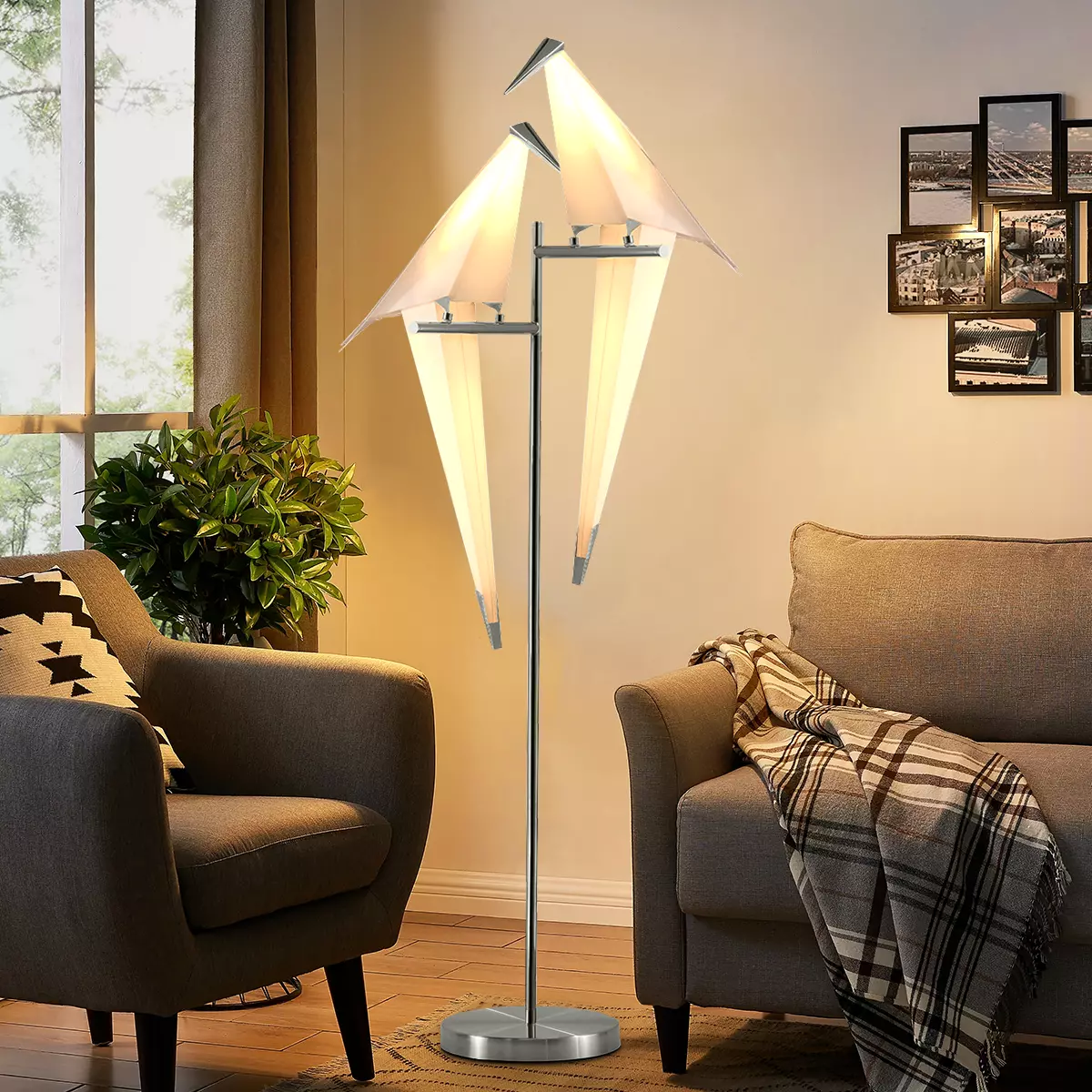 FINE MAKER Paper Crane Floor Lamp, Gold Finish