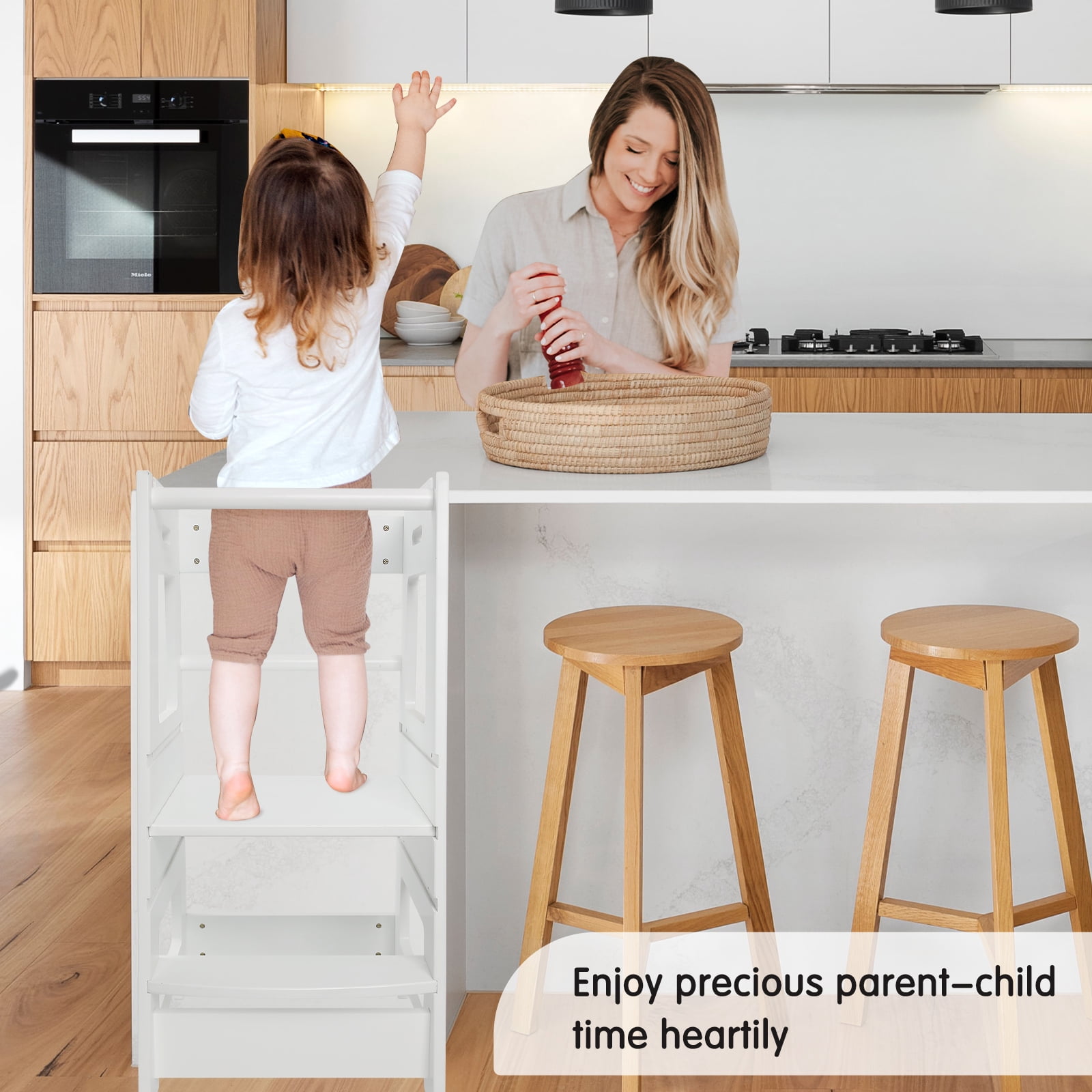 Adjustable Kids Learning Standing Tower with 3 Height Levels, Wooden Step Stool with Safety Rails, Kitchen Stool Helper for Toddlers