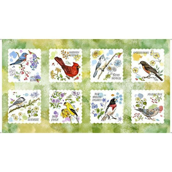 24" X 44" Panel Drawn to Birds Patches Featuring 8 Scalloped Blocks of Hand Drawn Birds Quilting Treasures Light Green Cotton Fabric Panel (2600-31134-H)