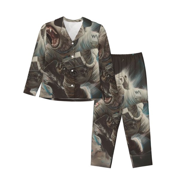 Fotbe Astronaut Polar Bear Roar Conjunto de Pijama de Manga Larga para Mujer con Estampado, Ropa de Dormir de 2 Piezas, Conjunto de Casa Suave y Cómodo con Bolsillos-Large