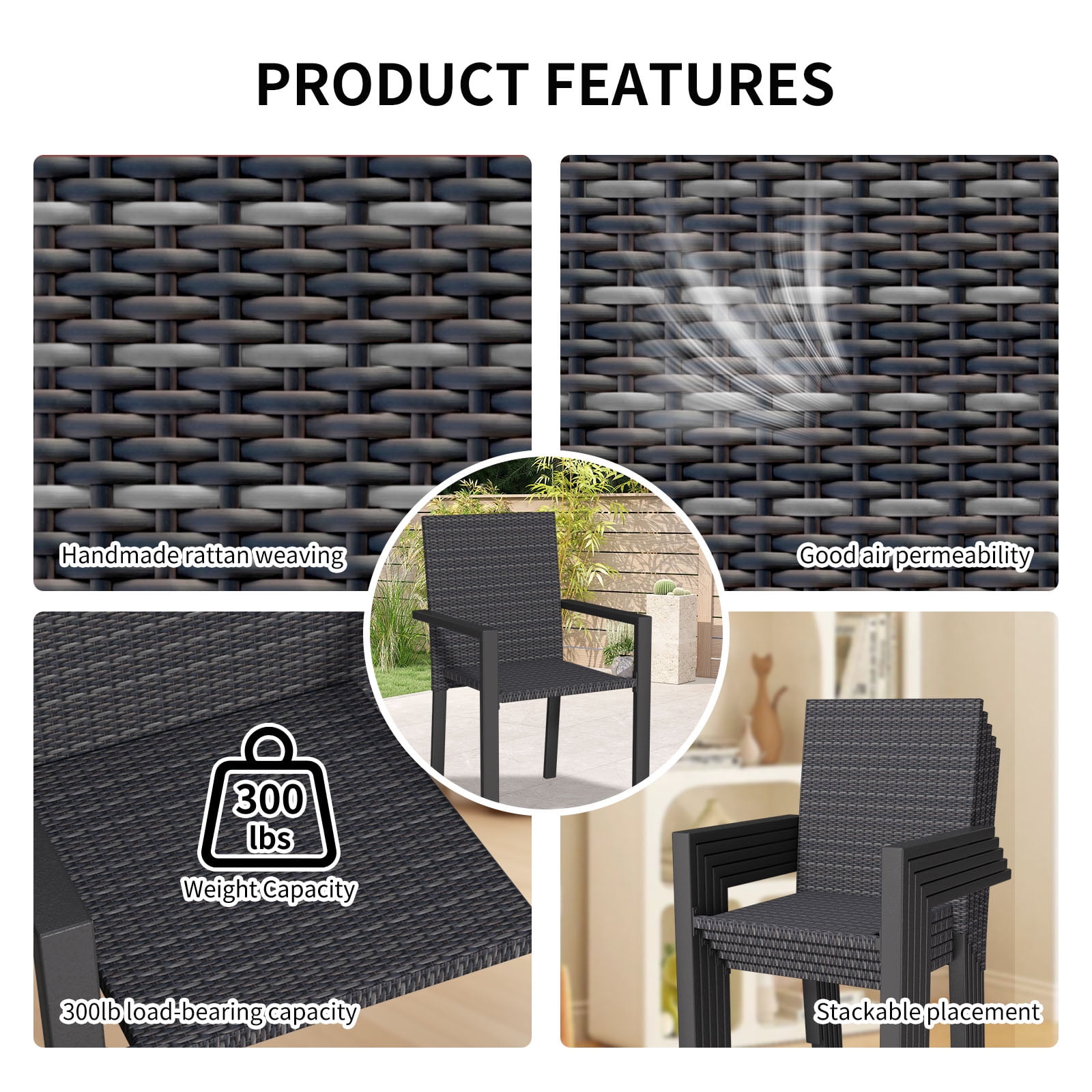 Set of 2 All-Weather Stackable Wicker Patio Chairs for Outdoor, Garden, Poolside (Black)