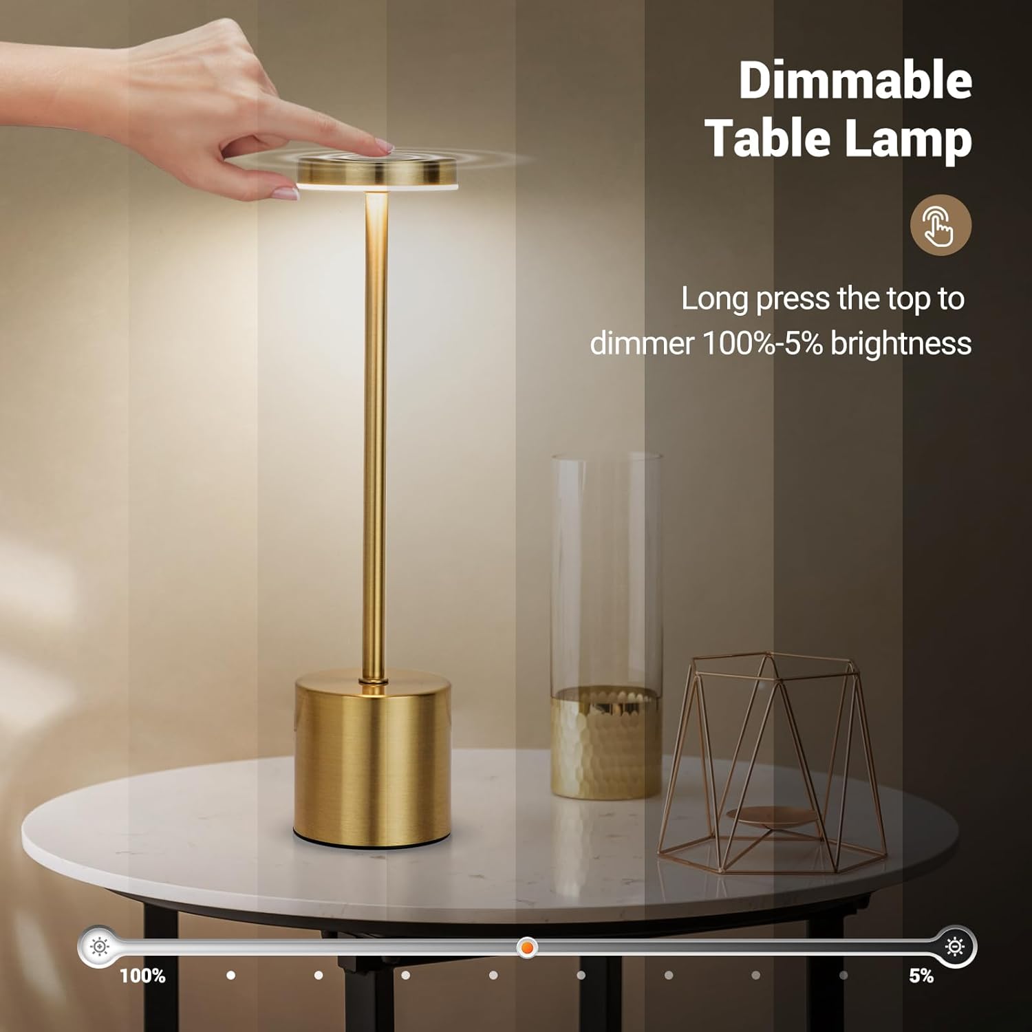 OhhGo Rechargeable Cordless LED Table Lamp, Portable LED Touch Lamp 3 Level Dimmable Tables Lights Reading Lamps 5200mah Battery Powered USB Bedside Lamps Decoration Lights（2 Pcs Gold)
