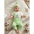 thumbnail image 6 of BemeyourBBs Newborn Baby Boy My First Soccer Game Outfits Baby Boy Spring Summer Fall Clothes 0 3 6 12 18 Months Letter Football Print Short Sleeve Rompers Suspender Pants Hat 3Pcs Set, 6 of 9