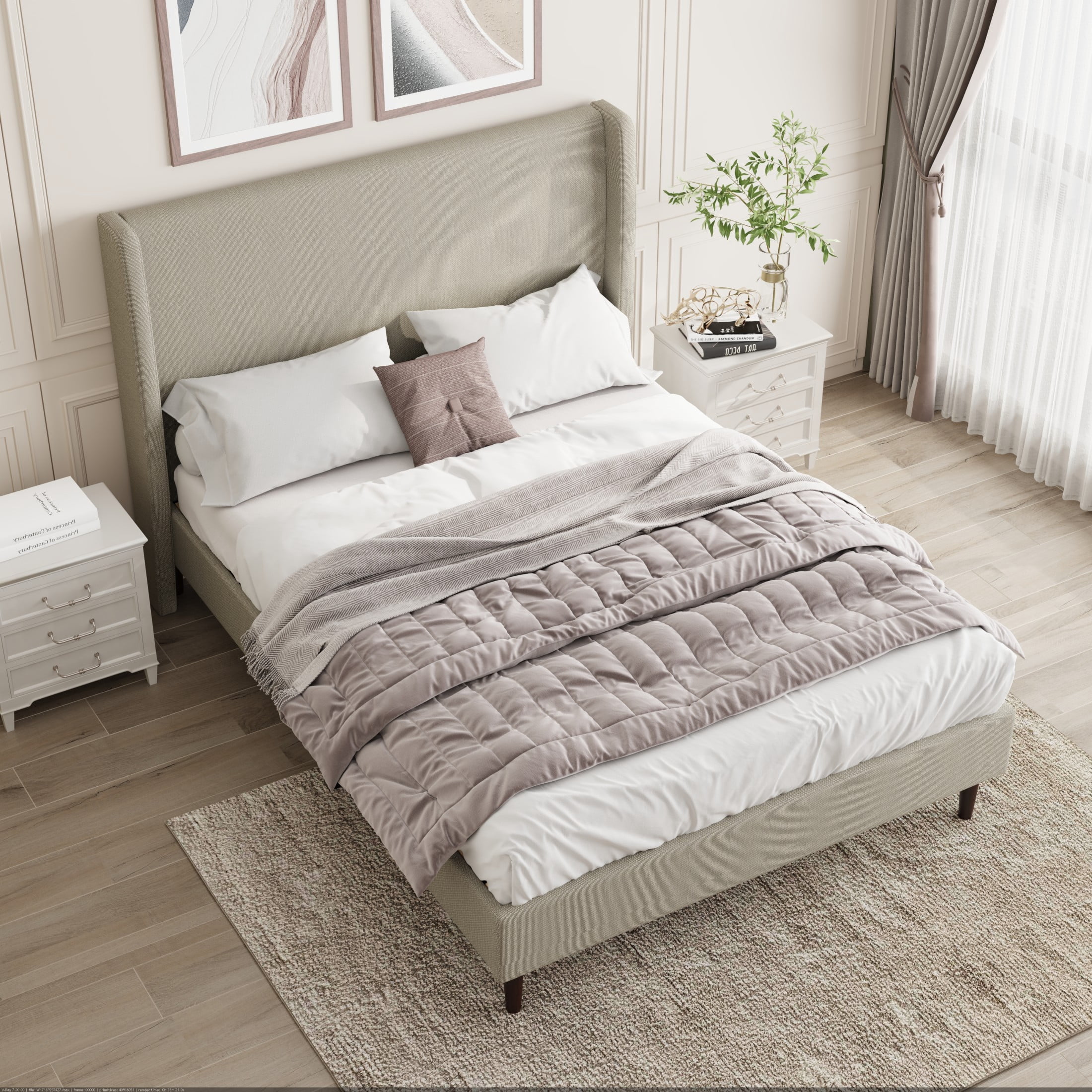 GDF Studio Queen Size Linen Upholstered Bed with High Headboard & Wood Slat Support, Beige