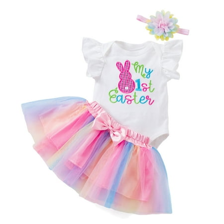 

LEIWAO Baby Girl Clothing Set Toddler Infant Girls Easter Day Fly Sleeve Cartoon Prints Romper Bow Tie Net Yarn Short Skirts Kids Headbands Outfits Kids Cute Clothes Causal Clothes
