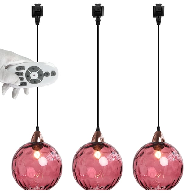 FSLiving Dimmable Juno Track Lighting Pendants, J-Type Track Mounted Remote Control Modern Socket Water Ripple Rose-bengal Glass Globe Chandeliers for Bar 3 Lights Kitchen Ceiling Customizable