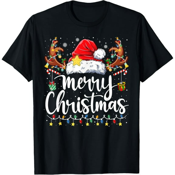 Merry Christmas Lights Red Santa Hat Xmas Family Men Women T-Shirt tee