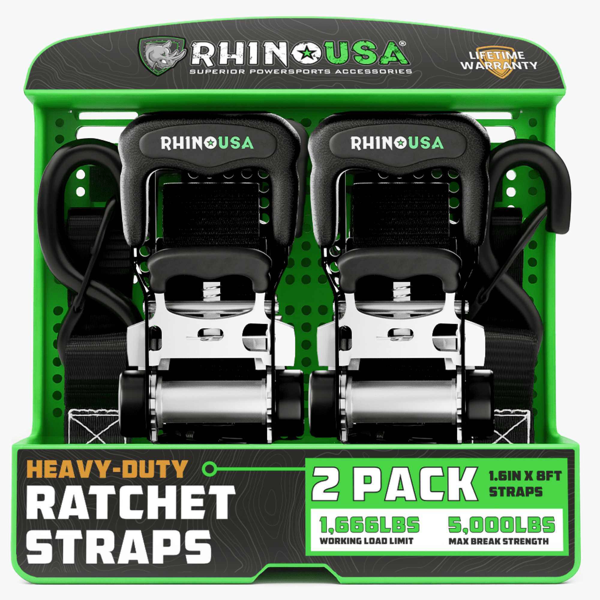 (2 pack) Rhino USA HD Ratchet Tie-Down Straps, 1.6in x 8ft, 2-Pack