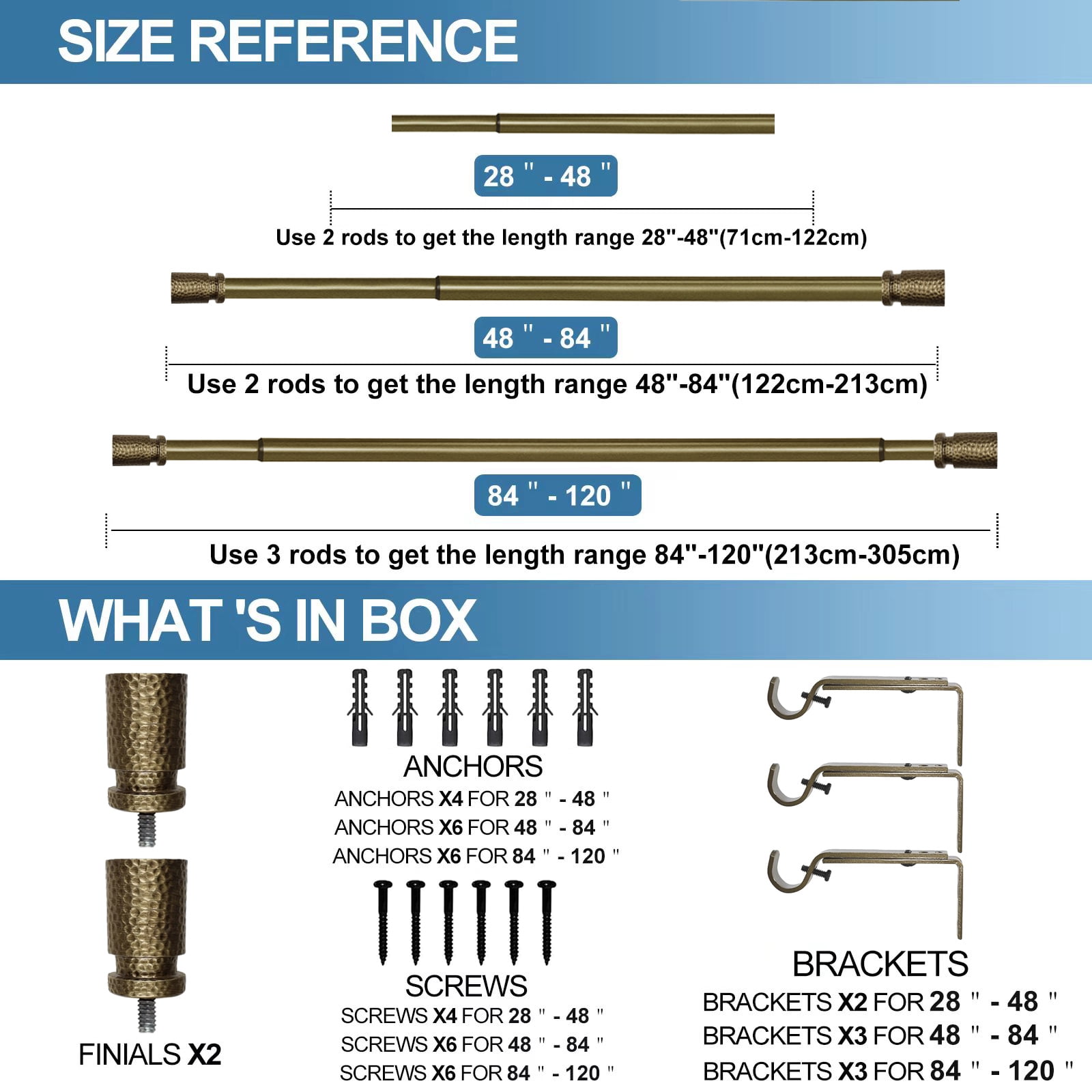 Urbanest 1" Hammered Adjustable Curtain Rod with Designer Finials — Heavy-Duty Metal Telescoping Rod, Easy Install, 84"–120″, Renaissance Gold