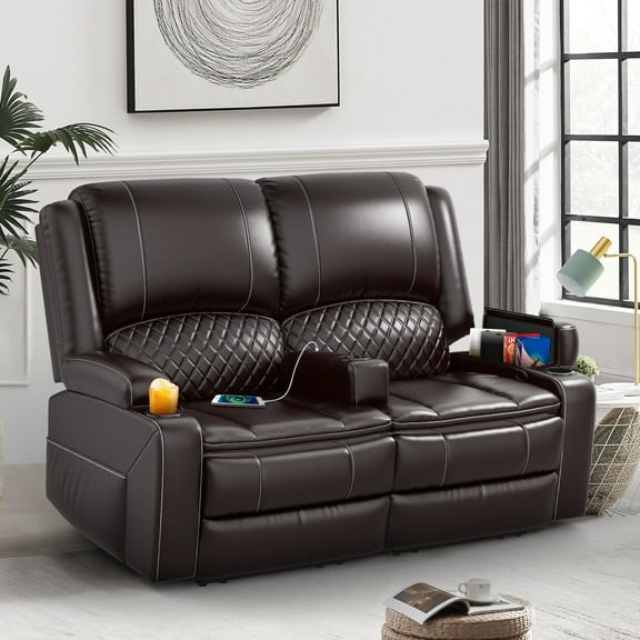 LOBERFVE Loveseat Recliner Sofa, Manual Recliner Chair with Removable Armrest, 2-Tier Cushions, USB Charging Ports, Cup Holders, Faux Leather Reclining Loveseat for Adults, Brown