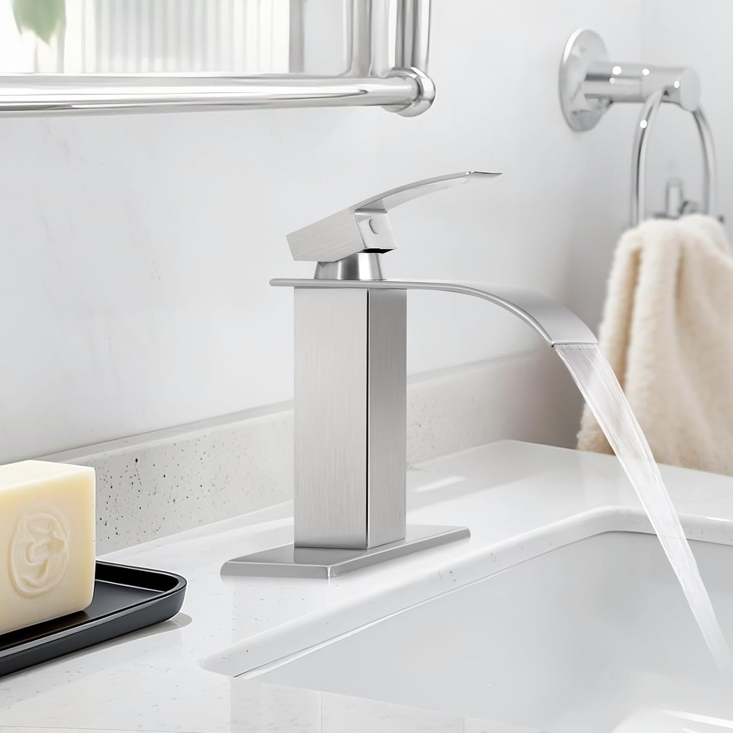 Brushed Nickel Bathroom Faucets, Waterfall Bathroom Sink Faucet Modern Single Handle Bathroom Faucte 1 or 3 Hole, RV Mixer Tap Vanity Faucet - Includes Pop-up Drain Supply Hoses Deck Plate