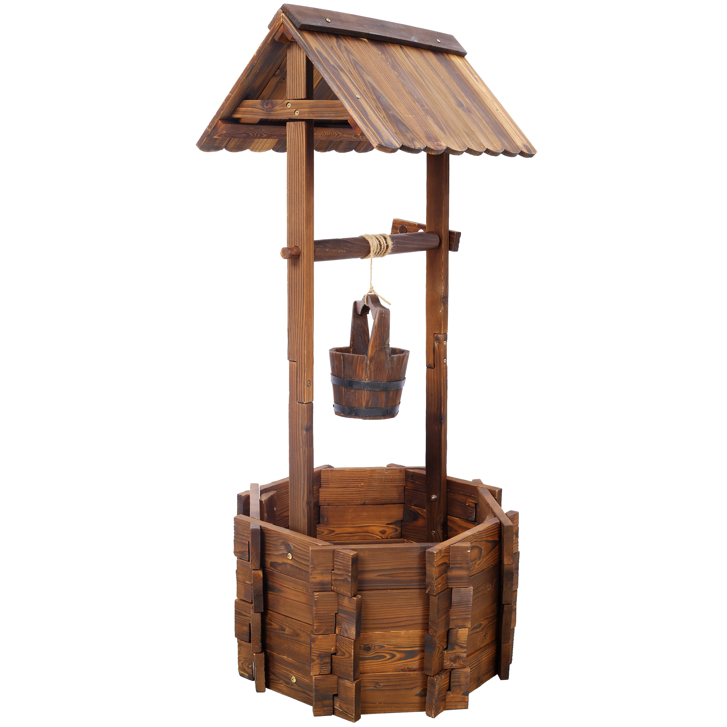 Retro Wishing Well Planter, Rustic Wooden Garden Decor Flower Pot with Hanging Bucket for Yard Patio, Brown