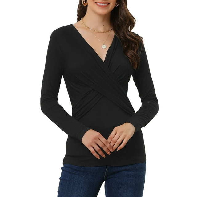 INSPIRE CHIC Hauts à Manches Longues pour Femmes Décontractés Col en V Croisé devant T-Shirts Blouse Noir P