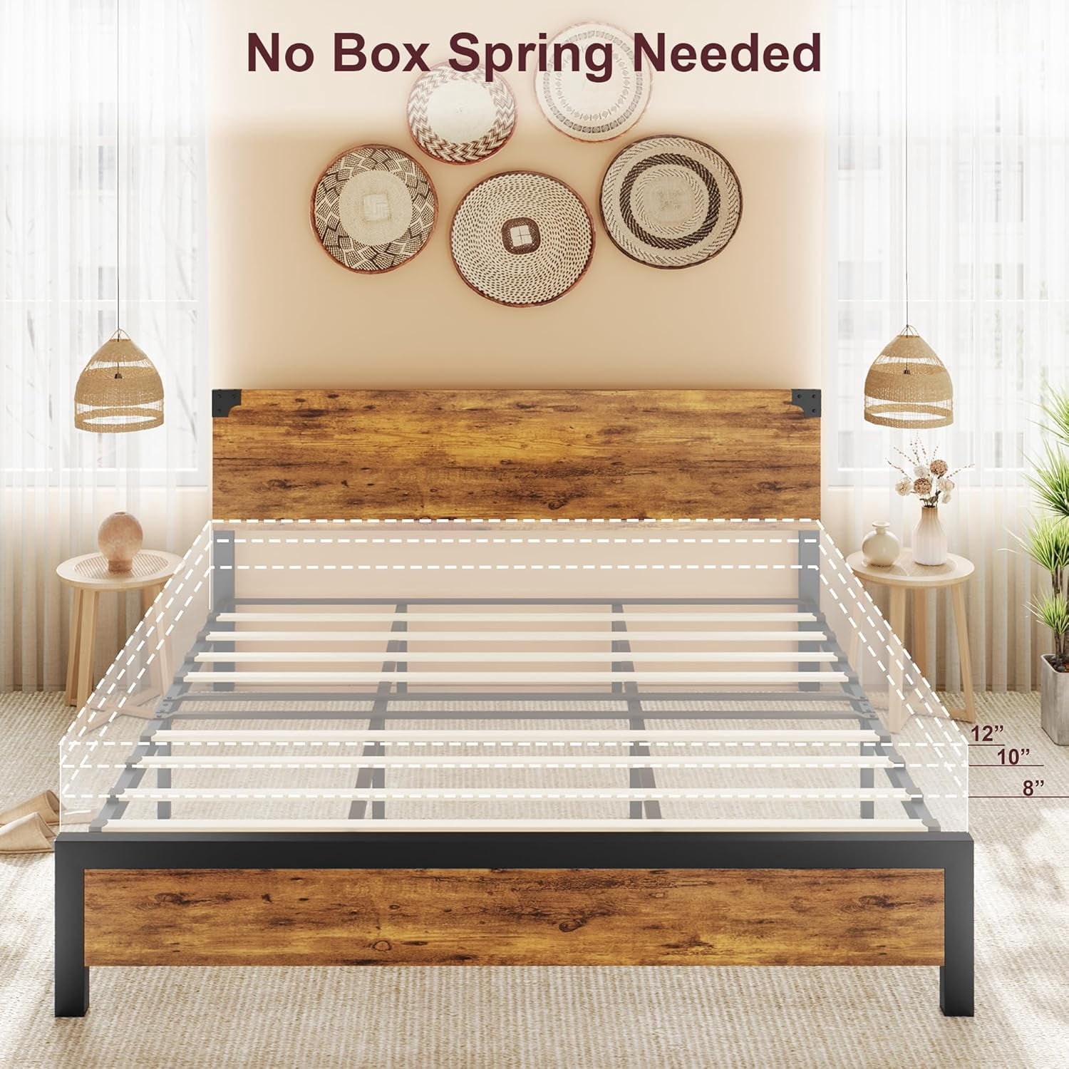 King Size Bed Frame with Wooden Headboard – Features a Platform Design with Under-Bed Storage and Metal Legs. Noise-Free Operation, No Box Spring Required, and Easy Assembly – Rustic Brown