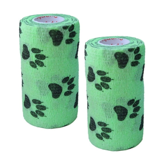 Vet Wrap Wrap Tape (Green with Paw Prints) (2 Pack) (3 Inch x 15 feet) Self Adhesive Adherent Adhering Cohesive Flex Self Stick Bandage Grip Roll Dog Cat Pet Horse
