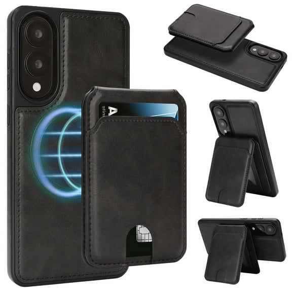 for Samsung Galaxy S25 Edge, Compatible with MagSafe, Magnetic 2 in 1 Detachable Wallet Case with Card Holder Women Men, Business PU Leather RFID Blocking Flip Kickstand Credit Slots, Black