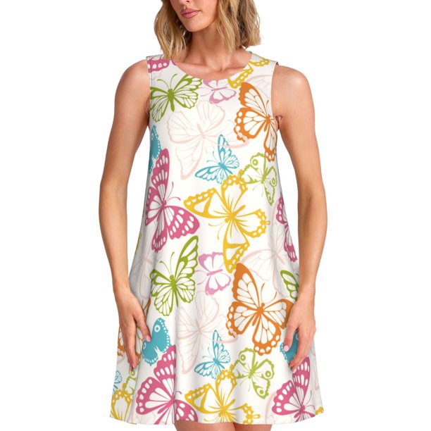 Disketp Retro Colorful Butterfly para Vestido sin Mangas para Mujeres, Vestidos de Verano para Mujeres, Casual y Holgado para la Playa