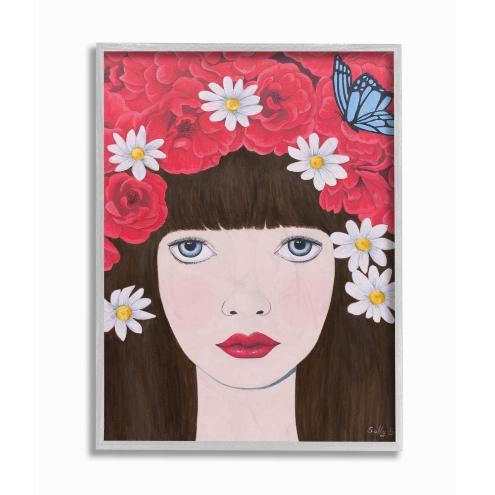 Stupell Industries Flower Headdress Red Woman Painting Framed Wall Art by Sally B, 16" x 20", Gray Framed