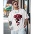 thumbnail image 3 of Men's T Shirts, Romantic Dark Red Ribbon Rose Floral T-Shirt for Men Crew Neck Tees Cotton Tops, White, 5XL, 3 of 9