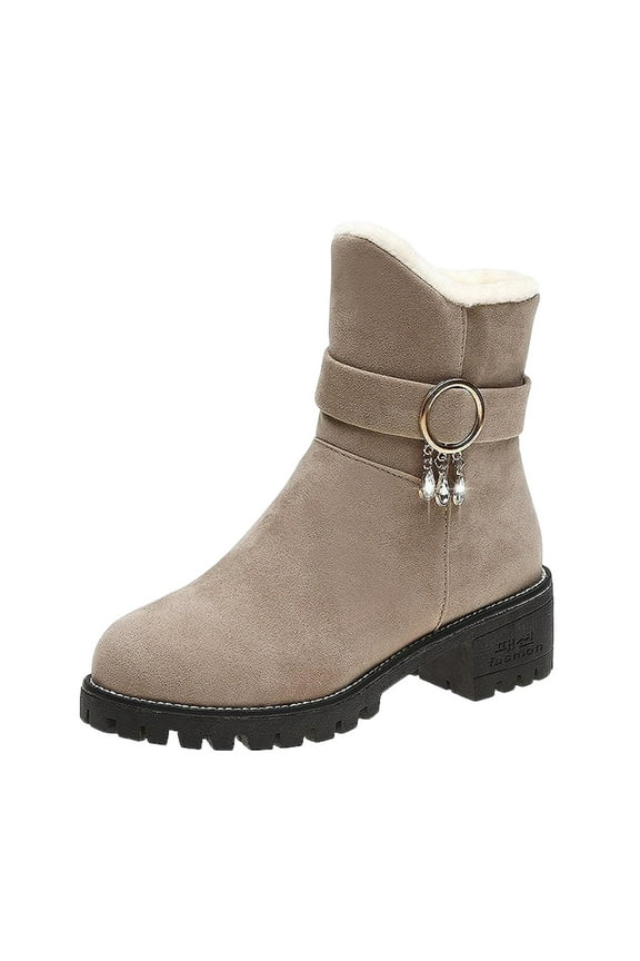 Women's Winter Boots Suede Ankle Booties Warm Fuzzy Fleece Lined Buckle Buckle Chunky Heel Short Boots Plush Shoes Khaki 35