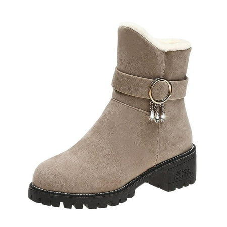 Sexlip Women s Winter Boots Suede Ankle Booties Warm Lined Chunky Heel Plush Shoes Buckle Decor Comfortable Slip on Snow Boots Khaki 36