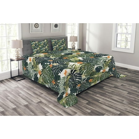 Seashore Themed Bedspreads Floral Bedspread Set, Botanic Tropic Leaves and Flowers Hawaiian Theme Summer Plants Illustration, Decorative Quilted Coverlet Set with Pillow Shams Included, Green and White, by Ambesonne ()