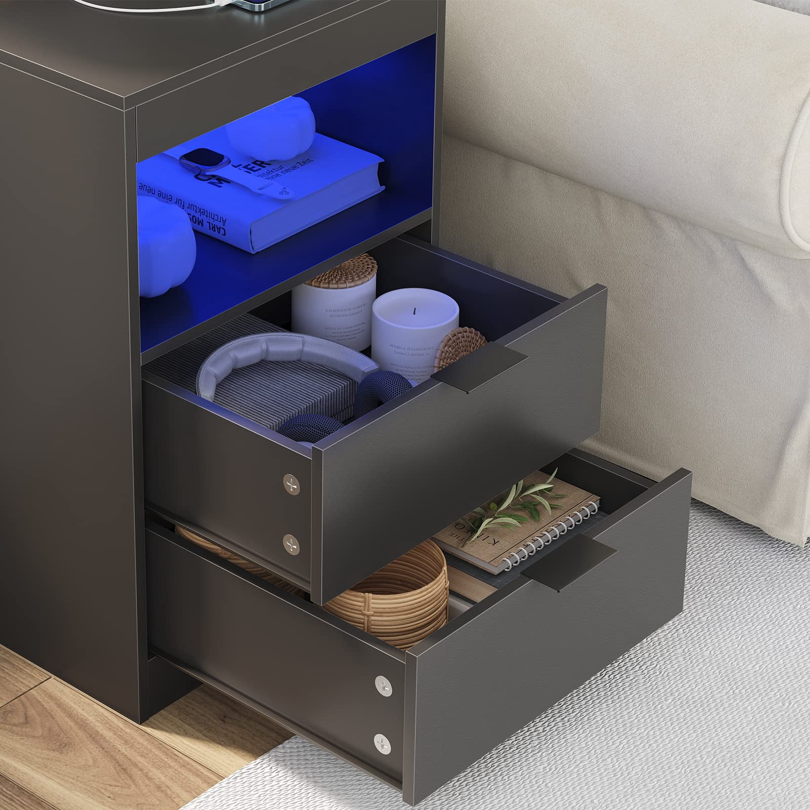Afuhokles Nightstand with Wireless Charging Station Set of 2, LED Bedside Table with with 2 Drawers, Black