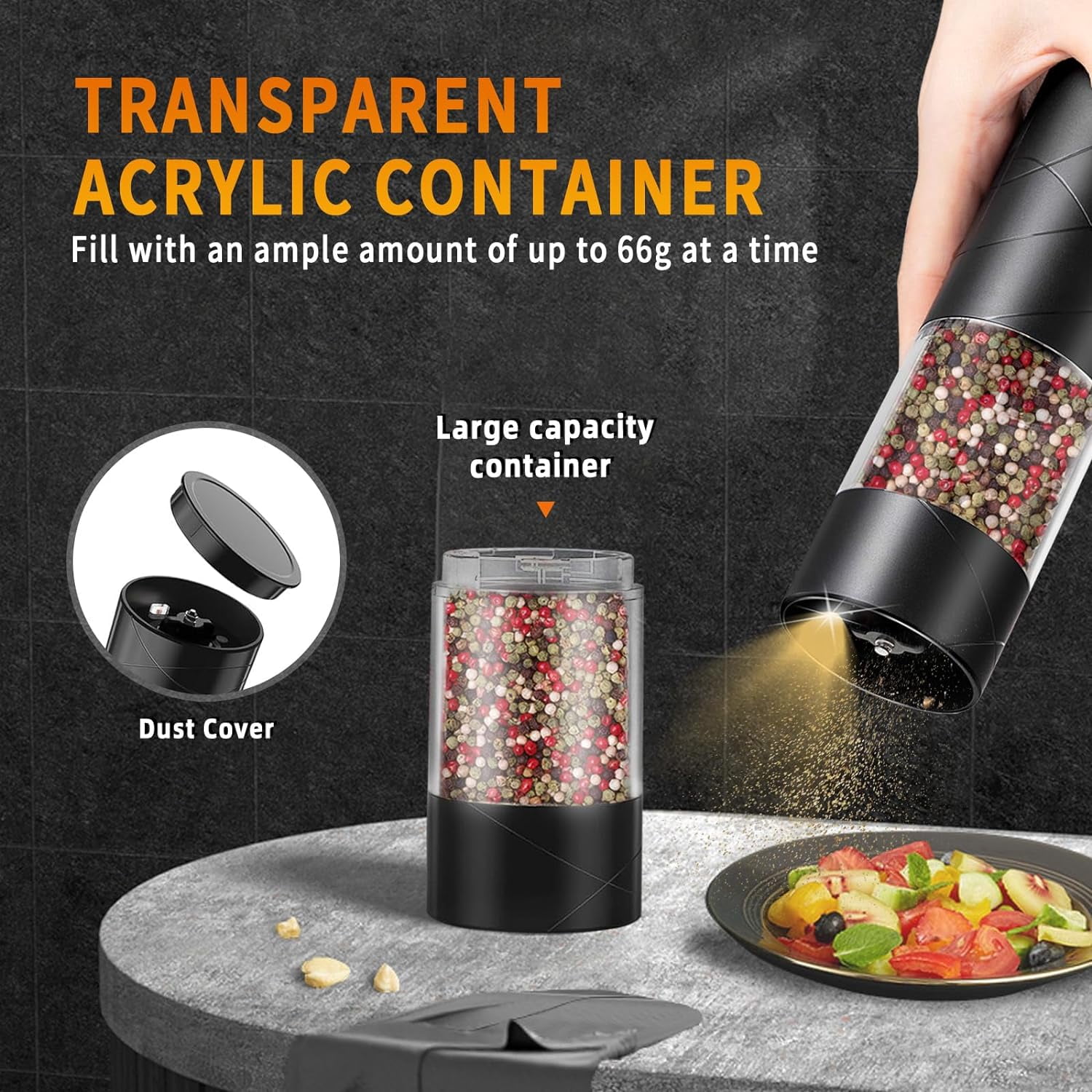 2 Pack Electric Salt and Pepper Grinder Set, Haomacro USB Rechargeable Pepper Grinder Mill with LED Light, Adjustable Coarseness Large Capacity Automatic Pepper Mills Salt Grinders for Kitchen