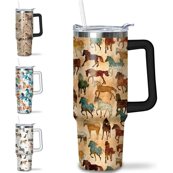 30 oz Horse Tumbler With Handle and Straw, 30oz Insulated Stainless Horse Tumbler Coffee Travel Mugs Cup Water Bottle Horse Lovers Gifts for Women Girls