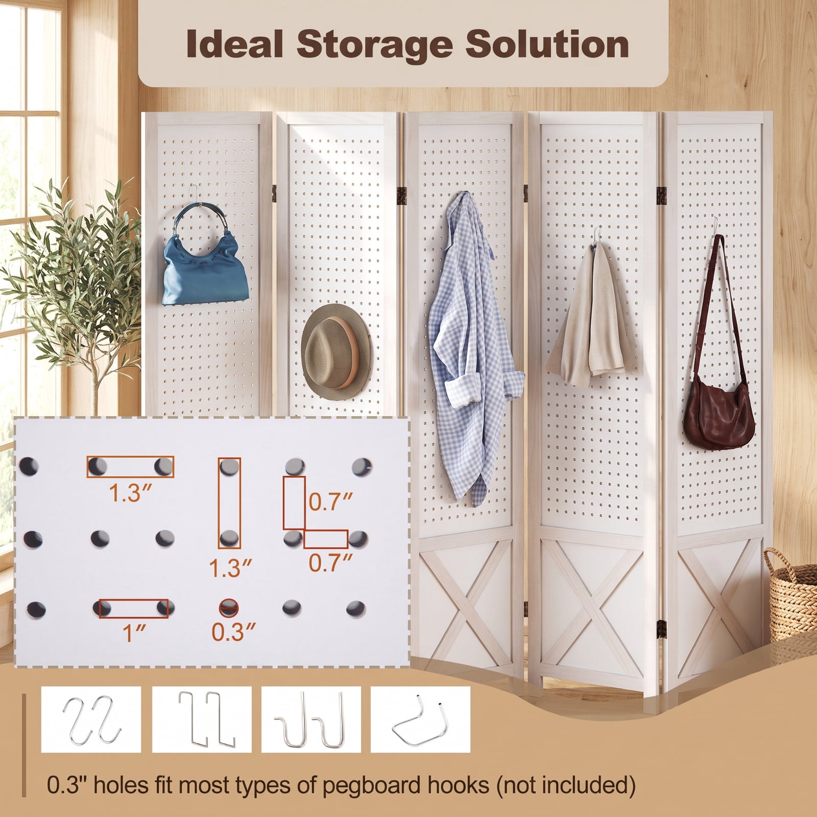 Vebreda 6-Panel Pegboard Room Divider, 67 in Tall Foldable Wood Privacy Screen with Peg Holes for Hanging Storage, Freestanding Partition for Home Office, White