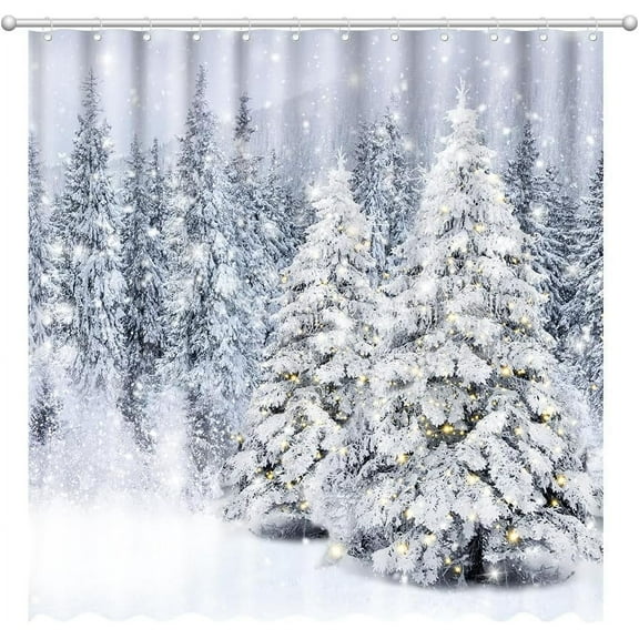 Christmas Shower Curtain 72" x 72" Winter Forest Snowy Pine Trees Home Bathroom Decorations Winter Wonderland Bathtub Curtain Set with 12 Hooks