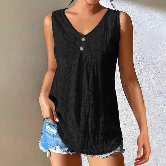 MORESEC Women's Plus Size Summer Tank Tops Cotton Linen V Neck Sleeveless Button Down Blouse Casual Boho Loose T-Shirt Solid Color Basic Tee Vacation Fashion Clothes, Black 3XL