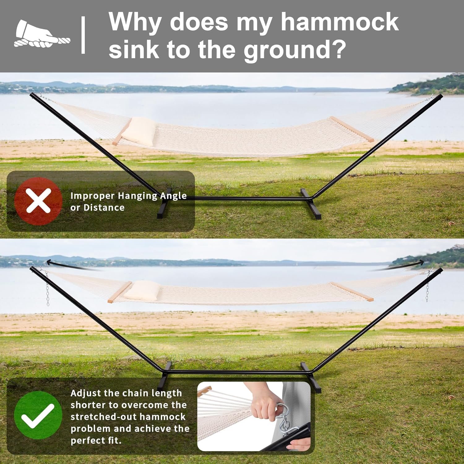 SUNCREAT Double Outdoor Hammock with Stand Included, Portable Cotton Rope 2 Person Hammock , Beige
