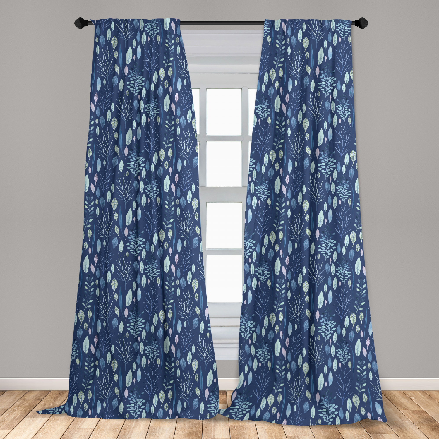 Blue Curtains 2 Panels Set, Watercolor Style Floral Elements Herbs and Leaves Pastel Botanical