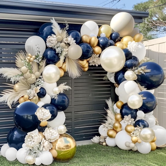Navy Blue White Balloons Double Stuffed Dark Blue White Sand Pearl Balloon Arch Kit Royal Blue Gold Balloon Garland for Birthday Christmas New Year Baby Shower Graduation Wedding Party Decorations