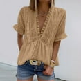 thumbnail image 2 of Women Summer Tops Women Fashion Short Sleeve Casual T-shir Dot Deep V Neck Pleated Sleeve Top Casual Long Shirts for Work Out Shirt Plain Button up Shirt Summer Work Tops Lace Khaki 2XL, 2 of 8