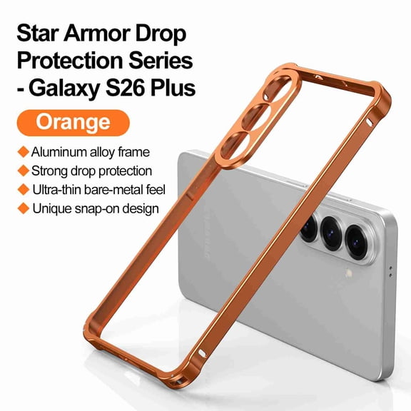 Dteck for Samsung Galaxy S26 Plus with Heat Dissipation Bumper Frame, Luxury Shockproof Slim Thin Lens Protection Metal Protection Backless Edge Frame, Orange