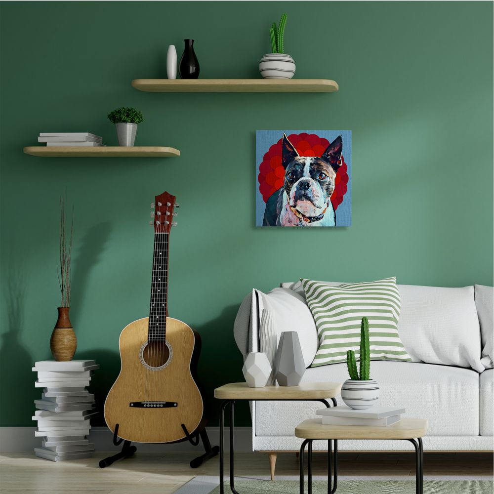 Stupell Industries Boston Terrier Dog Portrait over Geometric Curved Pattern Designed by Kim Curinga