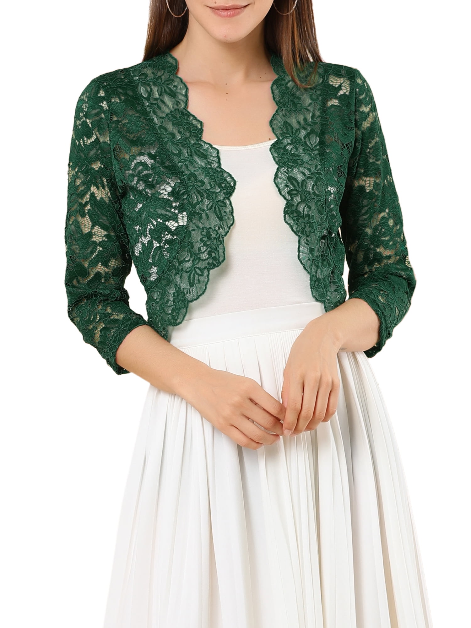 Allegra K Womens Elegant 3/4 Sleeve Sheer Floral Lace Shrug Top