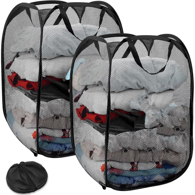 Cesto Ropa Sucia de Malla Plegable, 2 Pack Cesto para Ropa Lavanderia con Bolsillo Lateral y Asas Reforzadas, Cesto de Ropa Sucia Emergente, para Lavandería, Dormitorio, Baño y Balcón