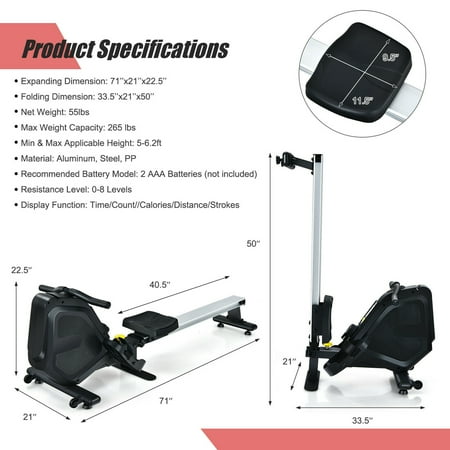 Costway - Folding Magnetic Rowing Machine with Monitor Aluminum Rail 8 Adjustable Resistance - Black