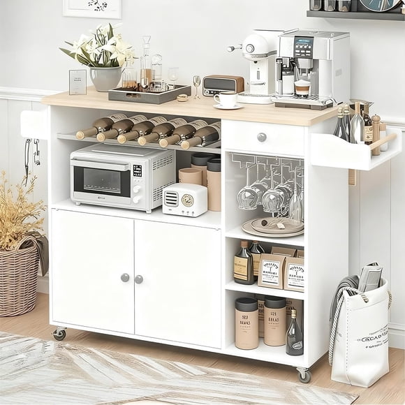 Isla de Cocina Móvil Multifuncional con Ruedas, Organizador Integrado Gabinetes, Cajones, Especiero, Botellero, Almacenamiento Compacto 100 * 39 * 88.5CM(Blanco)
