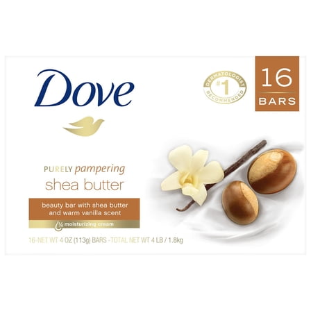 Dove Purely Pampering 16-4 OZ Shea Butter Bar Soaps, Warm Vanilla Scent, 64 OZ