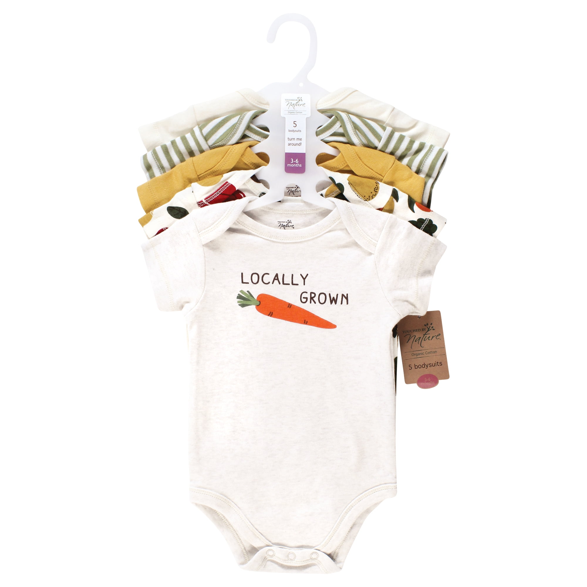 Touched by Nature Unisex Baby Organic Cotton Bodysuits, Happy Veggies, 18-24 Months